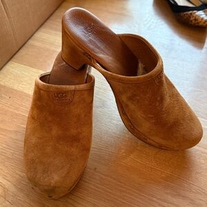Size 8 UGG Abbie Clog in Chestnut Suede with Wooden Platform Heels